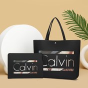 Resim Calvin yazılı iki parçalı keten çanta; geniş ve dayanıklı, manyetik kapamalı uyumlu makyaj çantası dahil; işe uygun 