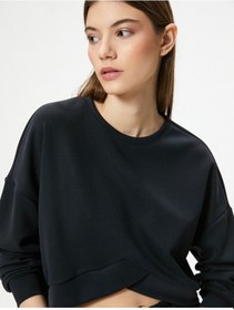 Resim Koton Modal Kumaş Crop Spor Sweatshirt Asimetrik Kesim Bisiklet Yaka Uzun Kollu Siyah 4sak10014nk Siyah 