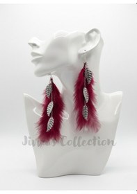 Resim Bohem Bordo Tüy & Yaprak Figürlü Uzun Sallantılı Küpe. Modern Boho Vintage Stil 