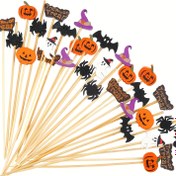 Resim 50/100 Adet Halloween Mezeler İçin Kürdan, Kabak Örümcek Desenli Bambu Çubuklar, Meyve Pasta ve Partiler için Dekorasyon Malzemesi 