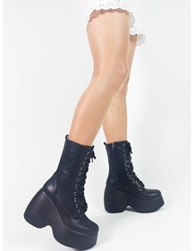 Resim Siyah Fermuarlı Bağcıklı Diz Altı Platform Topuk Kadın Çizme 001 