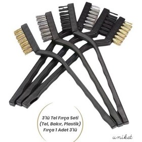 Resim 3'lü Tel Fırça Seti Tel, Bakır, Plastik Araba Detay Temizlik İçin Yağ, Kir Ve Pas Sökücü Fırça Unikat 