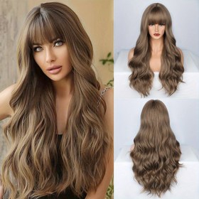 Resim Kadınlar için Şık Ombre Kahverengi 71.12cm Dalgalı Kıvırcık Peruk - Orta Bölme ile Isıya Dayanıklı Sentetik Saç, Günlük Kullanım & Düğünler için Mükemmel 