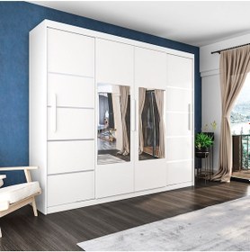 Resim Sürgülü Gardırop Dört Kapaklı Aynalı Beyaz Dolap 360 230 Cm 