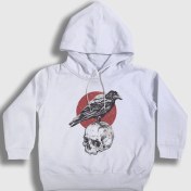 Resim Presmono Unisex Çocuk Beyaz Skull Crow Karga Kapüşonlu Sweatshirt 