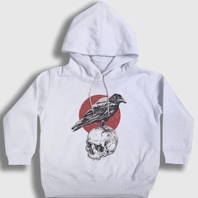 Resim Presmono Unisex Çocuk Beyaz Skull Crow Karga Kapüşonlu Sweatshirt 
