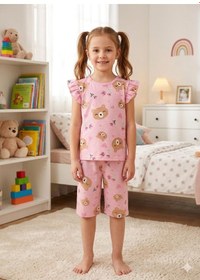 Resim Aliş Kids Kız Çocuk Pamuklu Pembe Ayıcık Kalp Desenli Kolları Fırfırlı Kısa Kollu Şortlu Yazlık Pijama Takımı 