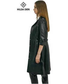 Resim Hilda Deri Yarım Kollu Siyah Hakiki Deri Düğmeli Elbise Trençkot Diana 001 