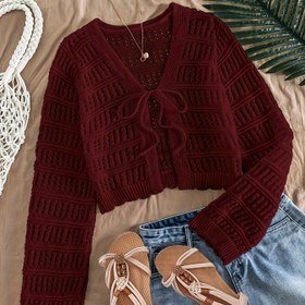 Resim Şık Kadınlar İçin Basit Renkli Bağcıklı Açık Kardigan, İlkbahar/Yaz Uzun Kollu Üst 