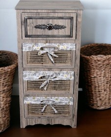 Resim Ahşap 4 Çekmeceli Hasır Görünümlü Sebzelik Rustik 