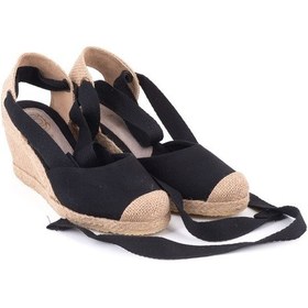 Resim Gerçek Elişi Arkası Açık Geniş Ipli Burnu Hasırlı Dolgu Topuk Keten Kadın Espadril Handmade Siyah 