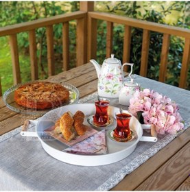 Resim Galvaniz Krem Yuvarlak Tepsi - 37 CM Ahşap Kulplu 