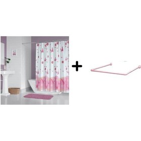 Resim Banyo Perdesi 6020 1x180x200, Perde Borusu Askı Aparatı Köşe Boru Pembe Hediyeli, Duş Perdesi Seti Pembe 