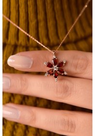 Resim 925 Ayar Gümüş Garnet Taşlı Kamelya Çiçeği Kadın Kolye UVPS101378-11 