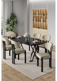 Resim Canisa Radon Serisi Mdf 90x168 Sabit Siyah Mermer Desen Mutfak Masa Takımı 6 Krem Sandalye Siyah Mermer Desen Masa Krem Sandalye 