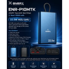 Resim Enerx ENR-P10MTK Powerbank 10000 Mah 22.5W Hızlı Şarj, Dahili Type-C Kablolu Yeni Nesil Metal Kasa Taşınabilir Şarj Cihazı 