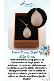 Resim Deniz Doğal Taş Sertifikalı Pembe Kuvars ( Taşlar) Doğaltaş Kolye Ucu 3 Cm - Gold Zincir 