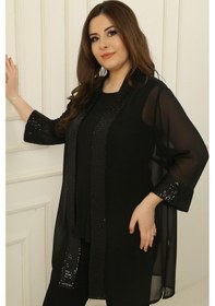 Resim By Saygı Şal Yaka Pulpayet Detaylı Şifon Ceket İçi Kolsuz Bluz Büyük Beden 2'li Takım Siyah 