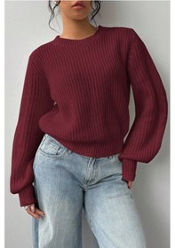 Resim Tarz Cool Kadın Bordo Oversize Bisiklet Yaka Balon Kol Fitilli Triko Kazak Bordo 