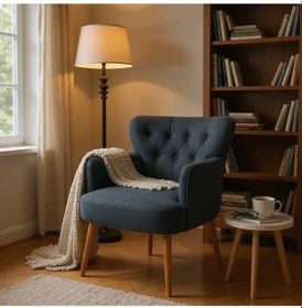 Resim Waterybrook Tekli Berjer Koltuk - Kapitoneli Babyface Kumaş - Ceviz Ahşap Ayaklı - Retro Modern Tasarım Antrasit 