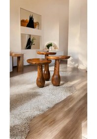 Resim Wood Ahşap 3 Lü Set Fitilli Mantar Yan Sehpa Modern Fiskos / Açık Ceviz Renk / Zigon Sehpa Vernikli Açık Ceviz 
