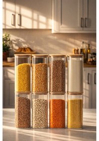 Resim Porsima 7-4 Bambu Vakumlu Kapaklı Kare Borsilikat Cam 8li Kavanoz Seti Saklama Kabı 1900ml 9,5x27cm 