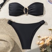 Resim Tek Renk Seksi Avrupa Tarzı Bandeau Bikini Takımı, Yaz Plajı Temel Parçası 