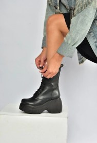 Resim V965202109 Siyah Kalın Dolgu Tabanlı Kadın Bot Siyah-Suni Deri 