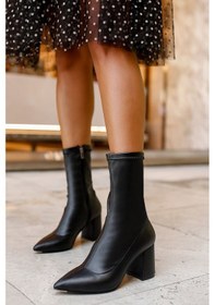 Resim Beyaz Pine Cone Topuklu Streç Kadın Kısa Çizme Siyah Siyah 