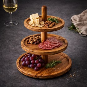 Resim Handmade 3-Tier Olive Wood Serving Stand | Modular Dessert Tower, Cupcake & Snack Display | Natural Olive Wood Tray | Removable Shelves | Rustic Home & Wedding Decor 