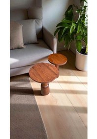 Resim Doğal Masif Ahşap Yan Sehpa Seti 2 Li Fındık Renk Zigon Sehpa Kahverengi 