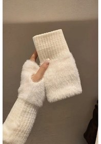 Resim Kadın 1 Çift Kışlık Parmaksız Termal Esnek Polarlı Peluş Eldiven Beyaz 