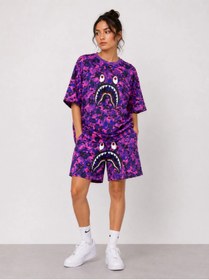 Resim GurkStore Kadın Oversize Kalıp Pubg Bape X Shark Nakışlı Cepli Şort Takım - Mor 