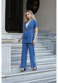 Resim JUMENT Kadın İpeksi Modal Kumaş Yüksek Bel Beli Lastikli Apoletli Yan Cepli Bol Paça Palazzo Pantolon-indigo İndigo 