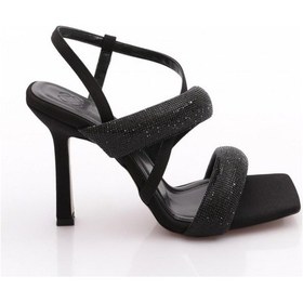 Resim Dgn 2032 Kadin Sirali Kalin Sirali Ve Çapraz Bantli Silver Taşli Topuklu Sandalet Siyah Saten 