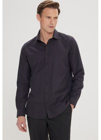 Resim AC&Co / Altınyıldız Classics Erkek Sıyah Pamuklu Slim Fit Dar Kesim Çizgili Klasik Yaka Gömlek Siyah 