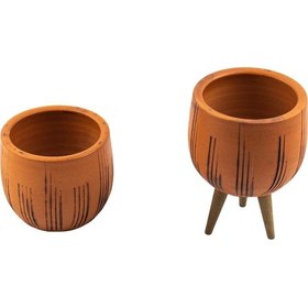 Resim Bitki Tasarımı Ev Dekorasyon Siyah Çizgi Desenli Terakota Toprak Saksı Saksılık Salon Çiçeklik İkili Set Ayaksız, 3 Ayaklı 12 Cm 