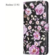 Resim Cloud011 Realme 12 5g İçin Black Rose Desenli Sentetik Deri Moda Cüzdan Kılıf 