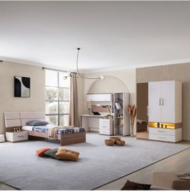 Resim Milano Genç Odası - 3 Kapaklı Aynalı Dolap, Karyola, Komodin, Çalışma Masası, Kitaplık Beyaz 