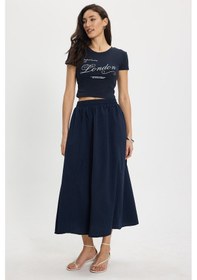 Resim Tudors Kadın Slim Fit Dar Kesim Pamuk Bisiklet Yaka Kısa Kollu Baskılı Lacivert Crop Tişört-50534 L 