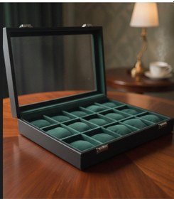 Resim Lüks 15 Yuvalı Lüks Deri Cam Kapaklı Şık Tasarıma Sahip Saat Saklama Kutusu Ebat 34x24x8 Cm Yeşil 