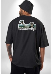 Resim Ufo Gören Masum Köylü Yazılı Pamuklu Unisex Oversize Sırt Dijital Baskılı Siyah T-shirt Siyah 