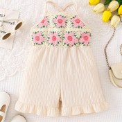 Resim 1 Adet Kız Çocukları İçin Çiçek Desenli Örgü Tulum - Yumuşak Esnek %100 Polyester, Sevimli Pembe Çiçekli, Makinede Yıkanabilir İlkbahar/Yaz Kıyafeti 0-3 Yaş Bebekler ve Küçük Çocuklar İçin, Dış Mekan Kullanımına Uygun 