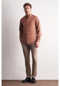 Resim İmza Vizon Düğmeli Yaka Örme Uzun Kol Performans Ürün Slim Fit Esnek Gömlek 1004255270 Vizon 