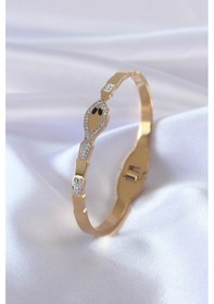 Resim 316L Çelik Gold Renk Yılan Model Zirkon Taş Detay Kadın Kelepçe 