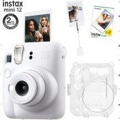 Resim Fujifilm Instax Mini 12 Beyaz Fotoğraf Makinesi - 20'li Film - Kıskaçlı Resim Standı ve Simli Pleksi Kılıf Seti 