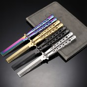 Resim Canlı Kelebek Katlanabilir Tarak - Paslanmaz Çelik Saç Stil Aracı ve Kılıfı ile Marşal Sanatları Uygulama Bıçağı, Kıvırcık Saç Bakımı için Unlu Metal Eğitmen Kılıcı, Metal Saplı İnce Dişli Tarak, Normal Saç Stili, Uygulama Saç Tarakı | Kelebek Tasarımı | Dayanıklı Yapı 