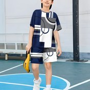 Resim Erkek Çocuk Takımı Moda 3D Baskılı Rahat Kazak Kısa Kollu Şort T Sweatshirt, Erkek Çocuklar için Dış Mekan Koyu Mavi Çizgili Düzensiz Desenli Tişört Şort Takımı, Dış Mekanlar için Mükemmel 