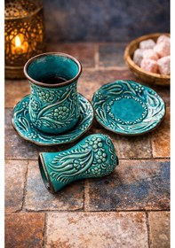 Resim El Yapımı Çini Seramik Kabartma Desenli 6'lı Turkuaz / Yeşil Çay Bardağı Seti Turkuaz 