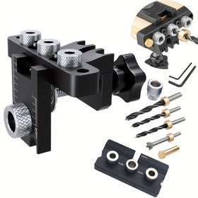 Resim 3ü1 Arada Dübel Jig Matkap Kiti, DIY Ahşap İşleme Dübel Delme Kılavuzu Seti 8/10/15mm Delik Dübel Pimleri ile, Ayarlanabilir Cep Deliği Jig Kiti ile Konumlandırma Klipsi Ayarlanabilir Matkap Kılavuzu Delgeç Bulucu 